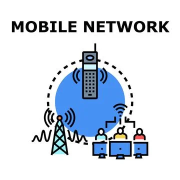 Mobile network connecting cell tower and devices with signal Stock Illustration