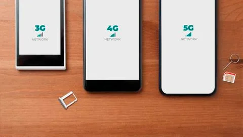 Mobile network evolution concept: comparison between 3g 4g and 5g smartphones Stock Photos