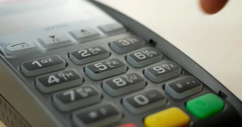 Mobile NFC payment technology POS terminal consumer business transaction paying Stock-Footage 336585620