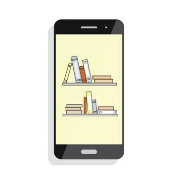 Mobile online, library. Book e-shop. E-book concept. Bookshelf with books in the Stock Illustration