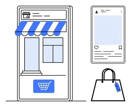 Mobile Online Shopping Concept Storefront on Smartphone, Social Media Post,.. Stock Illustration