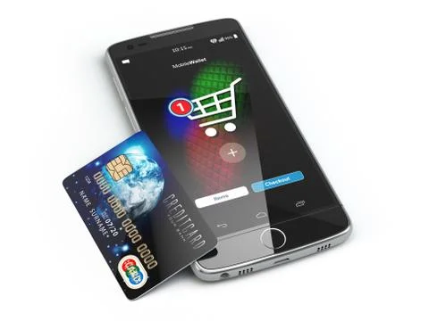 Mobile online shopping. E-commerce with smart phone and credit card isolated Stock Illustration