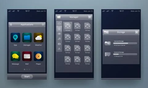 Mobile operating system user interface kit with application menu and file m.. Stock Illustration