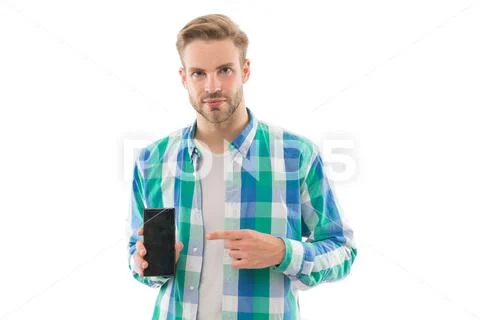 Mobile operator tariff. Join digital world. Download application. Guy hold Stock Photos