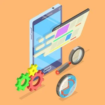 Mobile page speed optimization flat isometric concept. Decreasing loading ... Foto stock