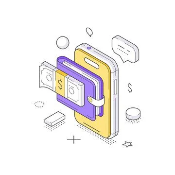 Mobile Payment And Digital E-Wallet With Cash Isometric Vector Illustration Stock Illustration