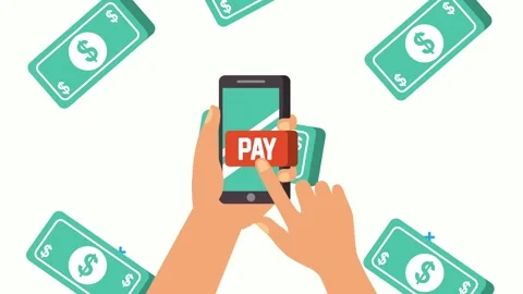 Mobile payment animation with hands holding smartphone and falling dollar b.. Vídeo Stock 338994432