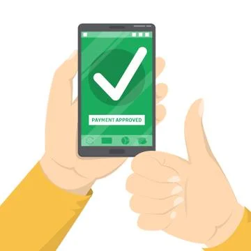 Mobile payment approved. Green checkmark on the smartphone Illustrazione stock