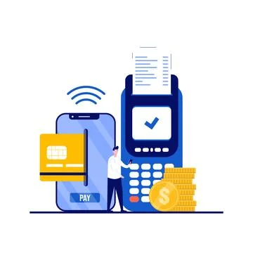 Mobile payment concept with character. Contactless payment, NFC or near fie.. Stock Illustration