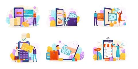 Mobile payment concept isolated vector illustrations set. POS terminal confirm Ilustração Stock