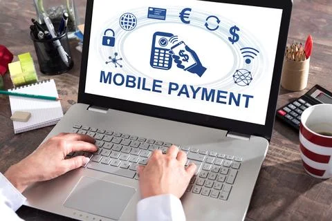 Mobile payment concept on a laptop screen Stock Photos