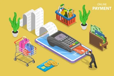 Mobile payment flat isometric vector conceptual illustration. Stock Illustration