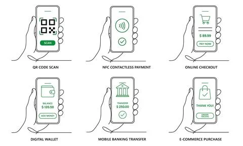 Mobile Payment Methods Collection. Hand Holding Smartphone with Digital Pay.. Stock Illustration