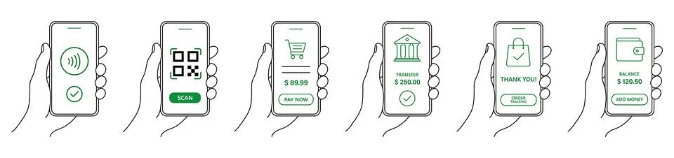 Mobile Payment Methods Collection. Hand Holding Smartphone with Digital Pay.. Иллюстрация