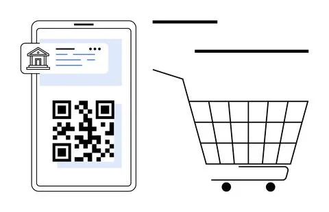 Mobile Payment with QR Code and Shopping Cart in Minimalist Style Stock Illustration