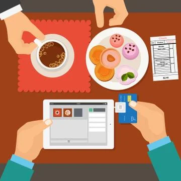 Mobile payment in restaurant using tablet. Vector illustration flat style イラスト素材
