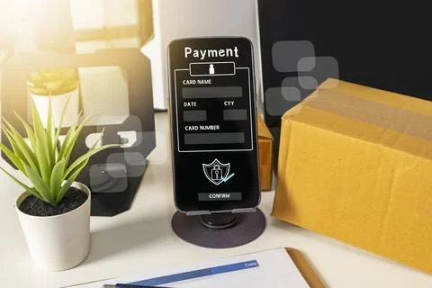 Mobile payment security concept on smartphone screen with delivery boxes on.. Stock Photos