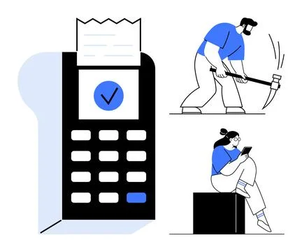 Mobile payment terminal with receipt, check mark for confirmation. Worker wit イラスト素材