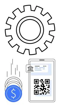 Mobile Payment Transaction with QR Code and Gear Icon Representing System C.. Stock-Illustration