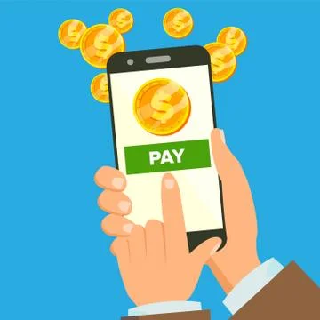 Mobile Payment Vector. Hand Holding Smart Phone. Payments Application. Internet Stock Illustration
