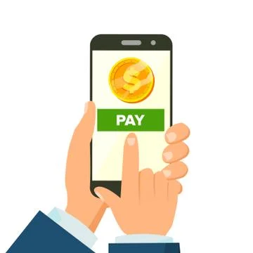 Mobile Payment Vector. Hand Holding Smart Phone. Commerce Concept. Wireless Stock Illustration