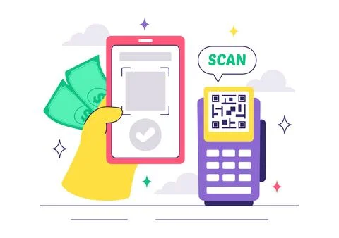 Mobile Payment Vector Illustration featuring Smartphone QR Code Scanning an.. 스톡 일러스트