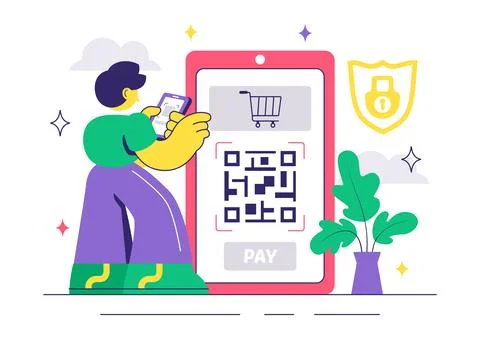 Mobile Payment Vector Illustration featuring Smartphone QR Code Scanning an.. 스톡 일러스트