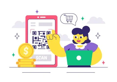 Mobile Payment Vector Illustration featuring Smartphone QR Code Scanning an.. Ilustración de archivo