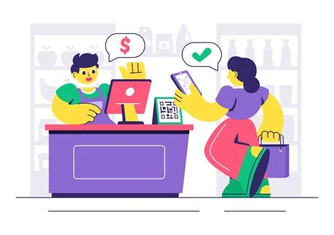 Mobile Payment Vector Illustration featuring Smartphone QR Code Scanning an.. Stock Illustration