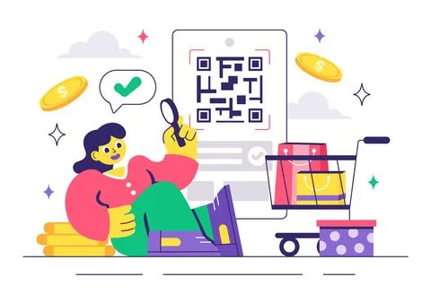 Mobile Payment Vector Illustration featuring Smartphone QR Code Scanning an.. Ilustración de archivo