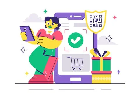 Mobile Payment Vector Illustration featuring Smartphone QR Code Scanning an.. Ilustración de archivo