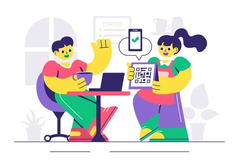 Mobile Payment Vector Illustration featuring Smartphone QR Code Scanning an.. Stock Illustration