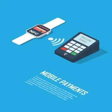 Mobile payments concept infographics presentation. Smartwatch with nfc Stock Illustration