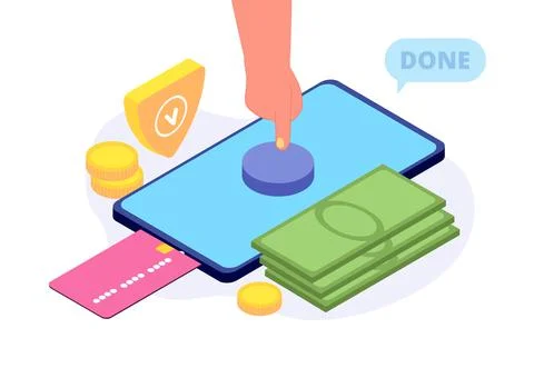 Mobile payments. Hand press button on smartphone screen isometric concept Stock Illustration