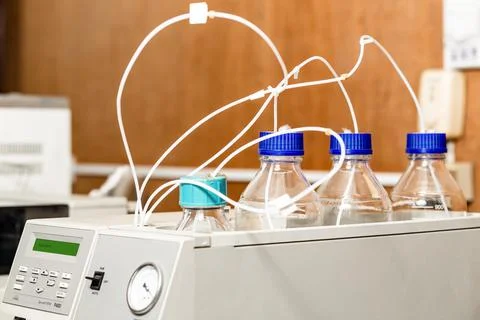 Mobile phase bottles for high-performance liquid chromatography instruments. Stock Photos