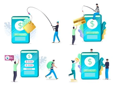 Mobile phishing attack set, flat vector isolated illustration. Hacker stealing Stock Illustration