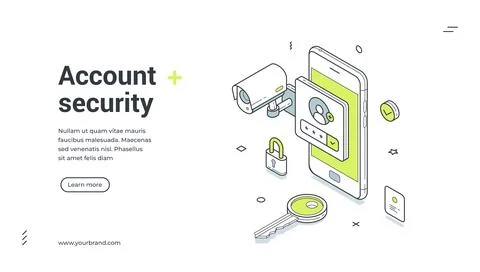 Mobile phone account security privacy control isometric web banner design tem Stock Illustration