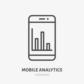 Mobile phone analytics flat line icon. Data analysis vector illustration. Thin 스톡 일러스트