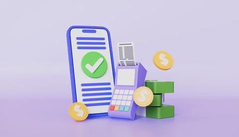 Mobile phone and checkmark, card reader, coin, banknote and efficient financial Stock Illustration