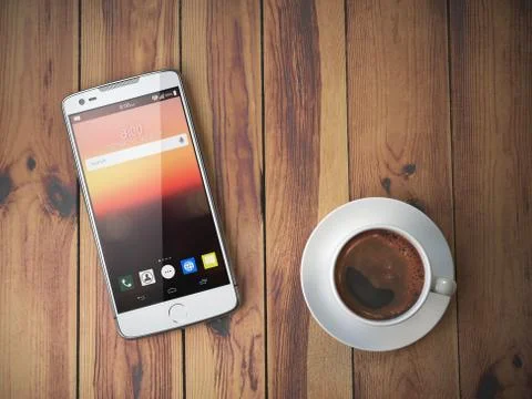 Mobile phone and coffee cup on wooden background. Stock Illustration