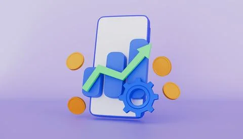 Mobile phone and coin graph icon, increasing arrow with golden coins Stock Illustration