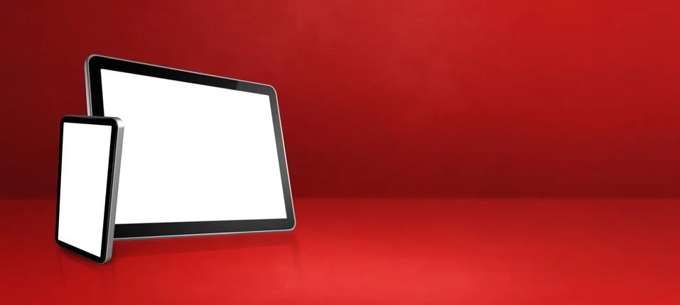Mobile phone and digital tablet pc on red office desk. Background banner Stock Illustration