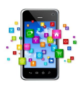 Mobile Phone and flying apps icons 3D Mobile Phone with flying apps icons ... Foto stock