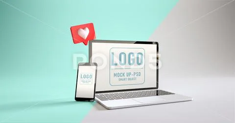 Mobile phone and laptop mockup with a like notifications at white background. PSDテンプレート