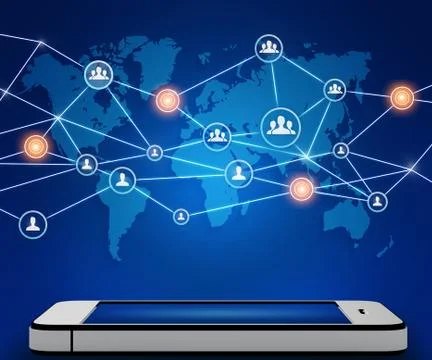 Mobile phone and world map with icons people teamwork Stock Illustration