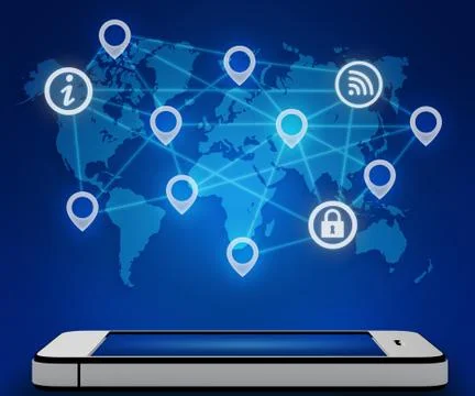 Mobile phone and a world map with connection icon in the network Illustrazione stock