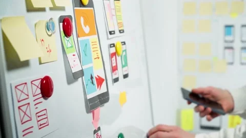 Mobile phone app developers create sketches. Website designers are working Stock Footage 147037200