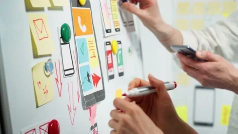 Mobile phone app developers create sketches. Website designers are working Stock Footage 147037248