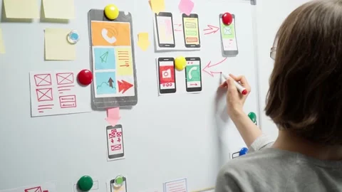 Mobile phone app developers create sketches. Website designers are working Stock Footage 147037264