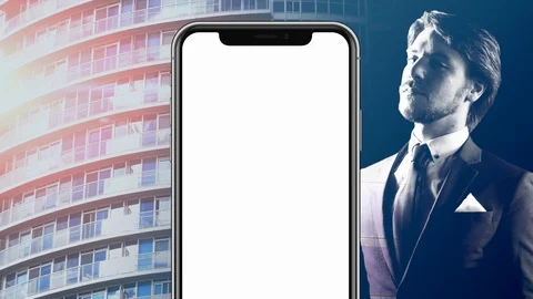 Mobile Phone App Display, Smartphone App and Confident Smiling Business Man Stock Footage 85495561